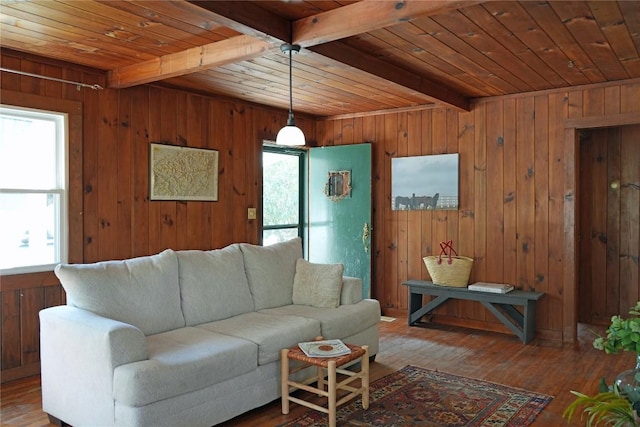 living area featuring beam ceiling, wooden walls, wooden ceiling, and wood finished floors