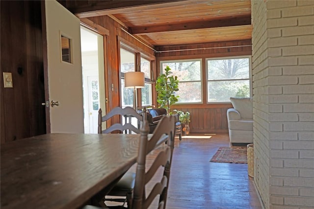 dining area featuring dark wood finished floors, wooden ceiling, beamed ceiling, and wooden walls