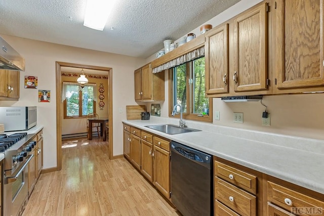 kitchen with sink, light hardwood / wood-style flooring, black dishwasher, high end stove, and a textured ceiling