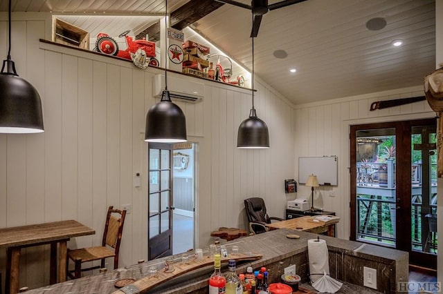 home office featuring vaulted ceiling with beams, wood ceiling, and wood walls