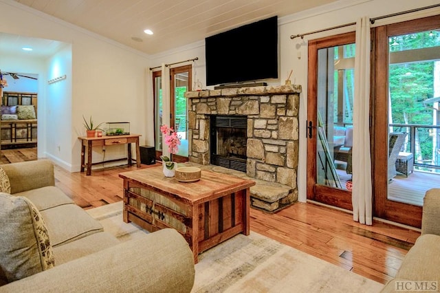 living room featuring ornamental molding, wood-type flooring, and a fireplace