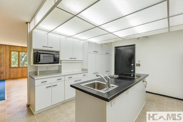 kitchen with white cabinets, a sink, wood walls, baseboards, and black appliances