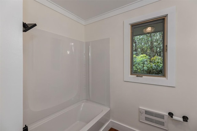 66 Hemlock Ln, Highlands, NC 28741 - full bath featuring bathing tub / shower combination, heating unit, crown molding, and baseboards