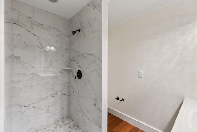 66 Hemlock Ln, Highlands, NC 28741 - full bathroom with a marble finish shower, wood finished floors, and baseboards