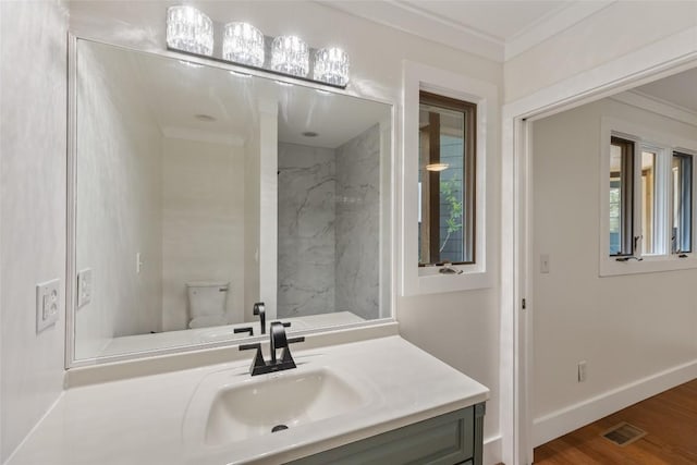 66 Hemlock Ln, Highlands, NC 28741 - bathroom with vanity, toilet, a marble finish shower, wood finished floors, and baseboards