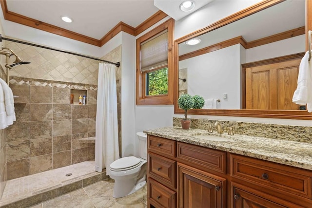 392 Birchwood Dr Unit 392, Highlands, NC 28741 - bathroom featuring vanity, toilet, crown molding, and a tile shower