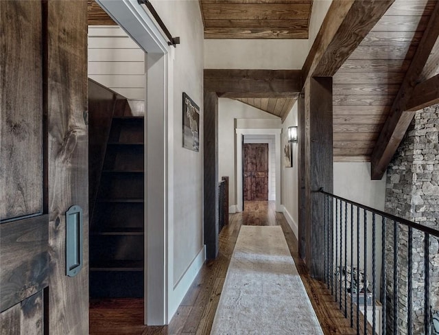 39 Firesong Ln, Glenville, NC 28736 - hallway featuring wood finished floors and a wood ceiling with exposed beams