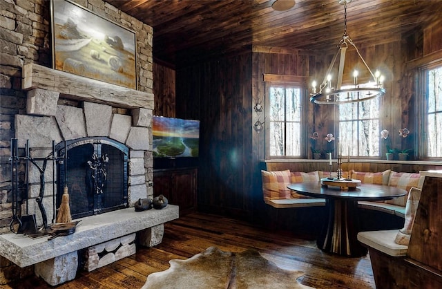 39 Firesong Ln, Glenville, NC 28736 - dining space with wooden ceiling, hardwood / wood-style floors, a chandelier, wood walls, and breakfast area