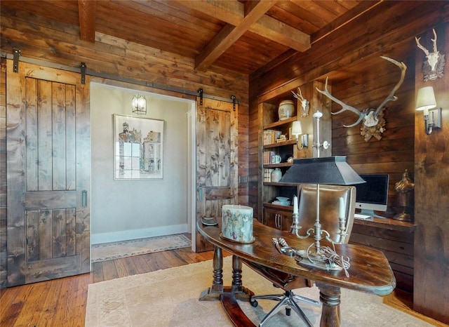 39 Firesong Ln, Glenville, NC 28736 - office with a barn door, a wooden ceiling with exposed beams, wood walls, and hardwood / wood-style flooring