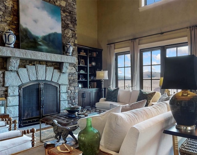 39 Firesong Ln, Glenville, NC 28736 - living room with a stone fireplace and a towering ceiling