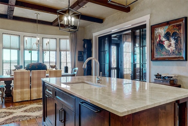 39 Firesong Ln, Glenville, NC 28736 - kitchen with a chandelier, light wood finished floors, coffered ceiling, beam ceiling, and decorative light fixtures