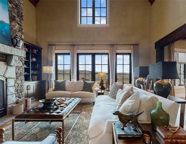 39 Firesong Ln, Glenville, NC 28736 - living room with a towering ceiling and a stone fireplace