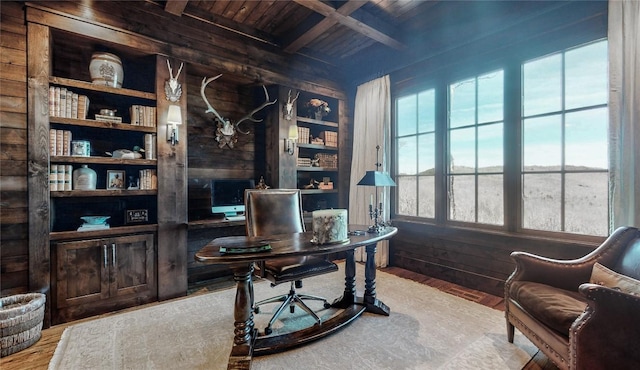 39 Firesong Ln, Glenville, NC 28736 - office featuring wood walls, wood finished floors, and a wooden ceiling with exposed beams