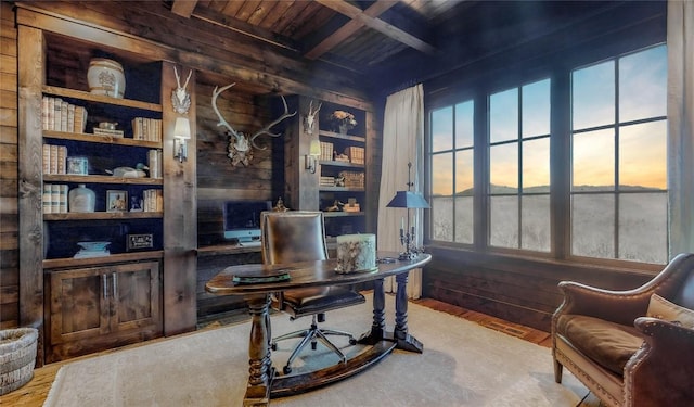 39 Firesong Ln, Glenville, NC 28736 - office space featuring a wooden ceiling with exposed beams, wooden walls, and wood finished floors