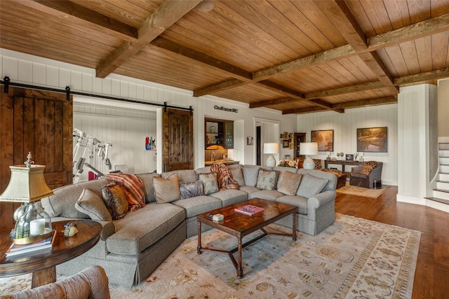 39 Firesong Ln, Glenville, NC 28736 - living area with a barn door, a wooden ceiling with exposed beams, wood finished floors, stairway, and coffered ceiling