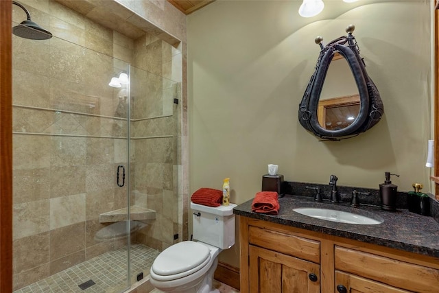 bathroom featuring vanity, a stall shower, and toilet