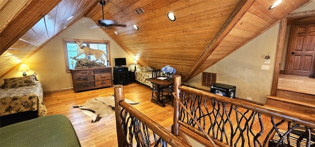 interior space featuring baseboards, wooden ceiling, wood finished floors, lofted ceiling, and visible vents
