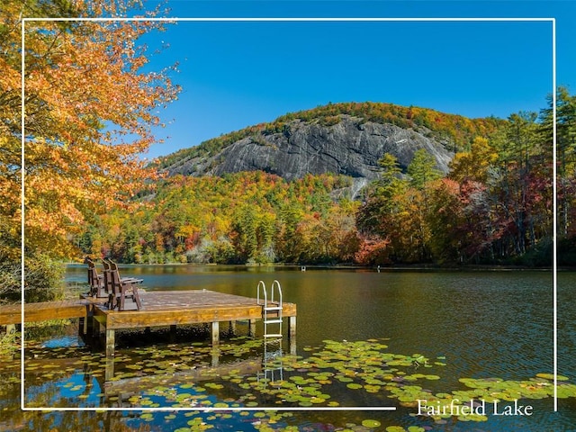view of dock featuring a wooded view and a water and mountain view