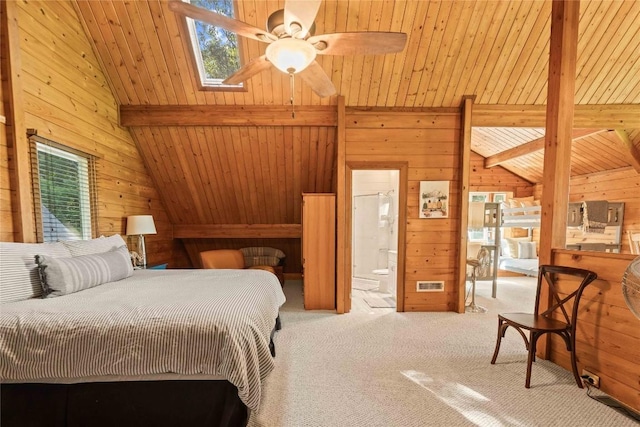 735 Trays Island Rd, Sapphire, NC 28774 - carpeted bedroom with wooden walls, wood ceiling, and ensuite bathroom