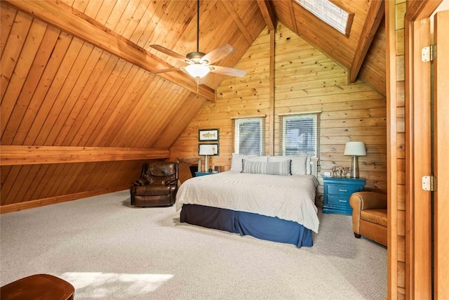 735 Trays Island Rd, Sapphire, NC 28774 - bedroom featuring wood walls, wood ceiling, carpet floors, and ceiling fan