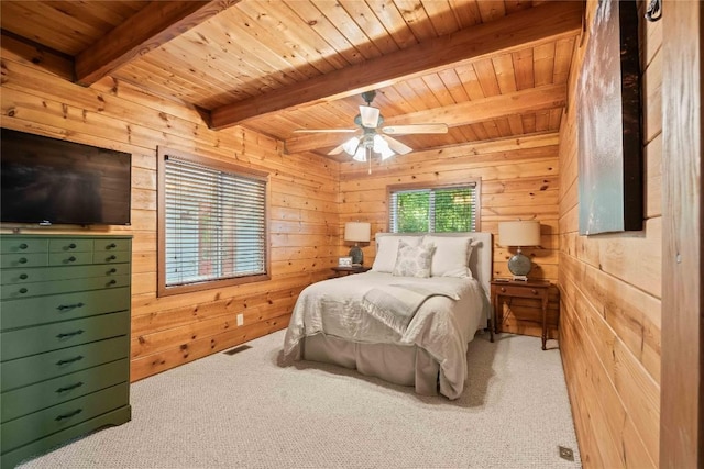 735 Trays Island Rd, Sapphire, NC 28774 - carpeted bedroom featuring a wood ceiling with exposed beams, wooden walls, and a ceiling fan