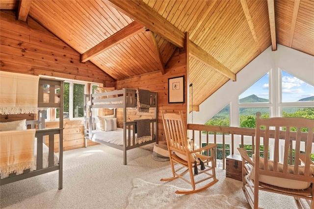 735 Trays Island Rd, Sapphire, NC 28774 - bedroom with wood walls, wood ceiling, and carpet floors
