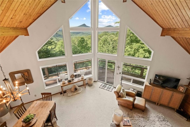 735 Trays Island Rd, Sapphire, NC 28774 - living room with a wooden ceiling with exposed beams, high vaulted ceiling, carpet, and a chandelier