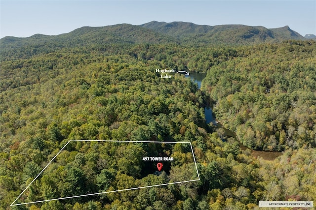 drone / aerial view with a water and mountain view and a forest view