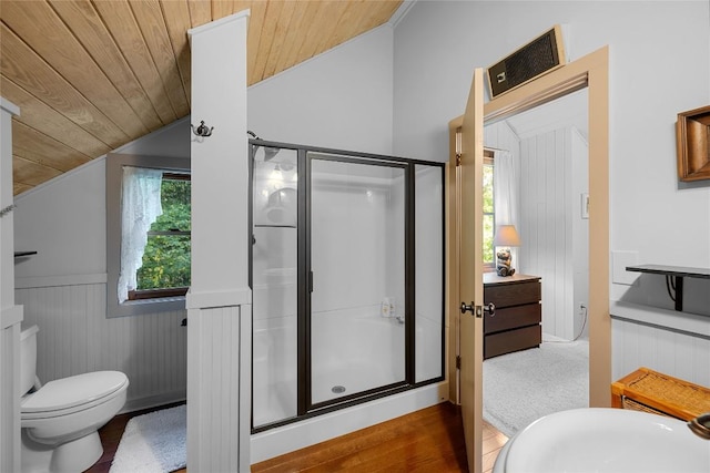 full bathroom with wood ceiling, lofted ceiling, and a stall shower