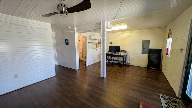 3214 Slick Fisher Rd, Lake Toxaway, NC 28747 - living area featuring electric panel, a desk, a ceiling fan, a wall unit AC, and wood finished floors