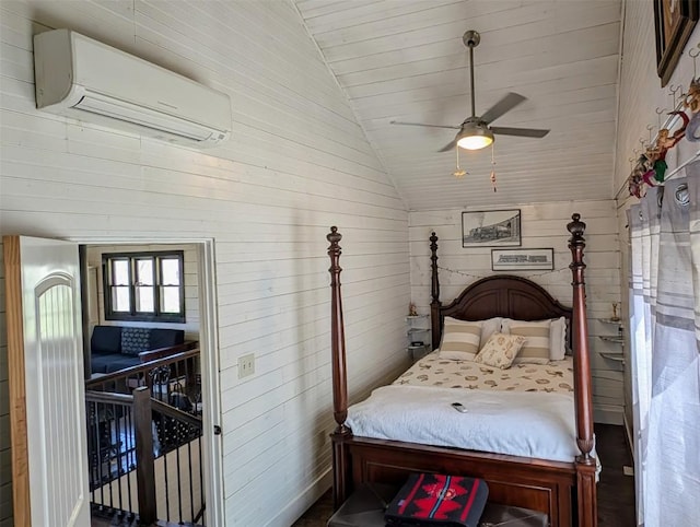 3214 Slick Fisher Rd, Lake Toxaway, NC 28747 - bedroom with an AC wall unit, vaulted ceiling, wooden walls, and a ceiling fan