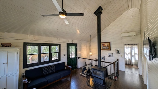 3214 Slick Fisher Rd, Lake Toxaway, NC 28747 - living area featuring a wood stove, a ceiling fan, healthy amount of natural light, wood finished floors, and high vaulted ceiling