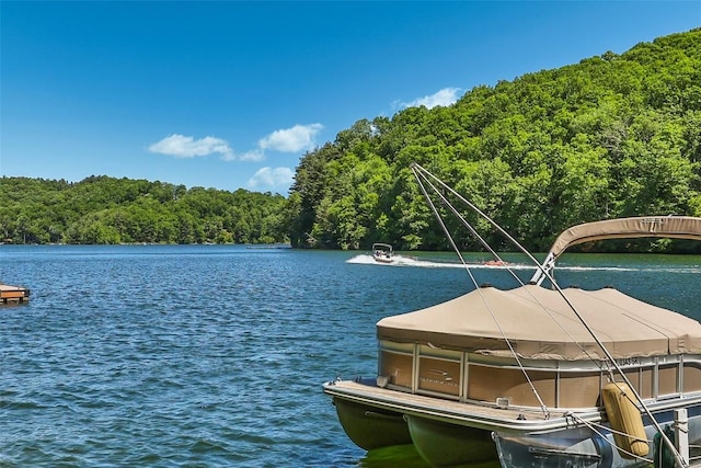 dock area featuring a wooded view and a water view