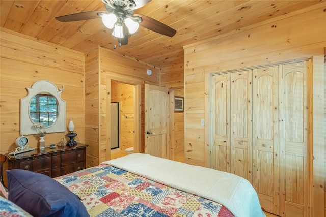 bedroom with wood ceiling, ceiling fan, and wooden walls