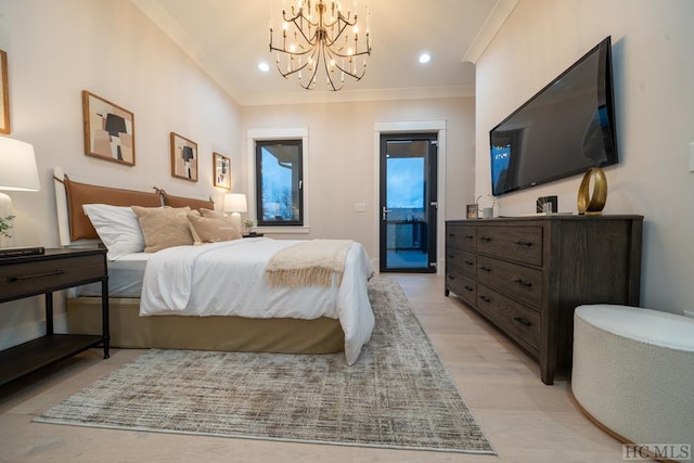 bedroom featuring access to exterior, crown molding, a notable chandelier, and light wood-type flooring