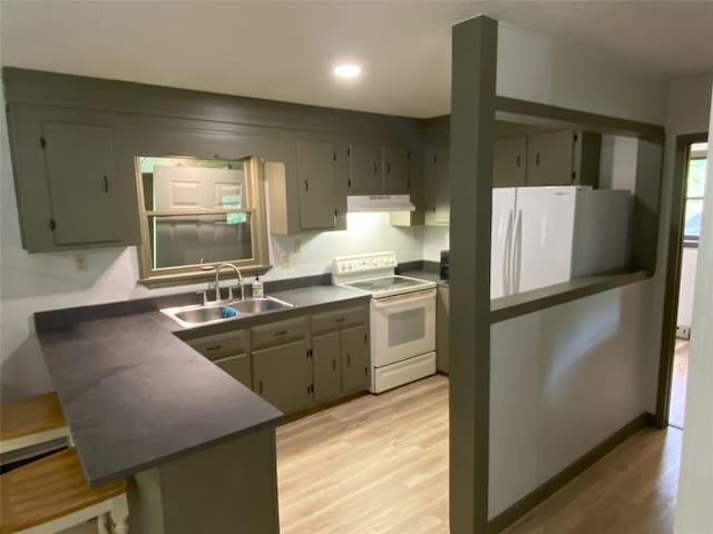 389 Kirkland Rd, Franklin, NC 28734 - kitchen with white appliances, under cabinet range hood, a sink, dark countertops, and light wood-style floors
