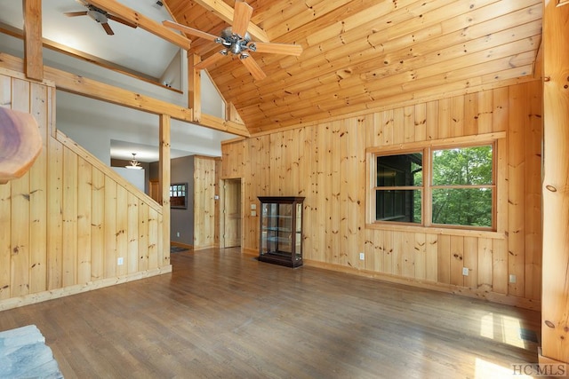 unfurnished living room with dark wood-type flooring, high vaulted ceiling, wooden walls, and ceiling fan