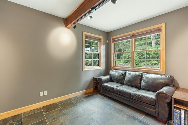 living room featuring beamed ceiling