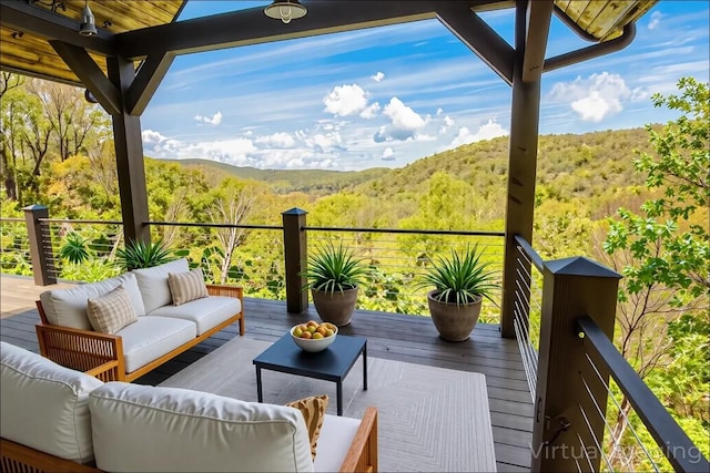 369 Firesong Ln, Glenville, NC 28736 - balcony with outdoor lounge area, a mountain view, and a wooded view