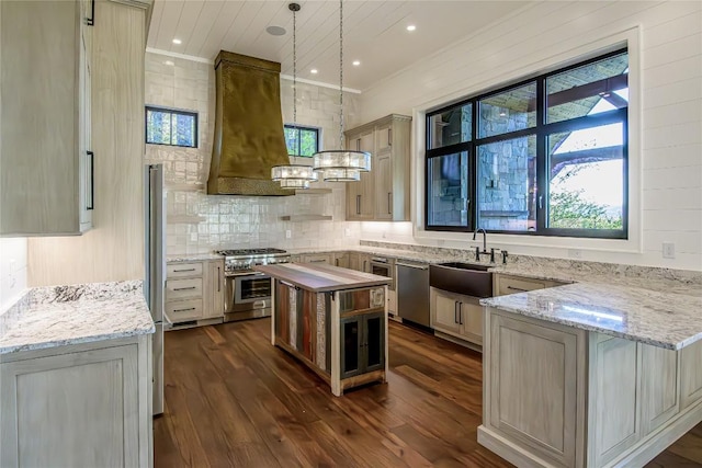 369 Firesong Ln, Glenville, NC 28736 - kitchen featuring a sink, appliances with stainless steel finishes, dark wood-type flooring, light stone counters, and decorative backsplash