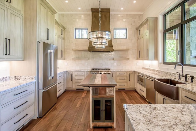 369 Firesong Ln, Glenville, NC 28736 - kitchen featuring stainless steel appliances, a sink, dark wood-style floors, island range hood, and recessed lighting