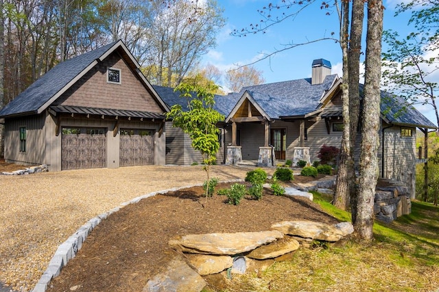 369 Firesong Ln, Glenville, NC 28736 - view of front of property featuring a chimney, a porch, a garage, and a shingled roof