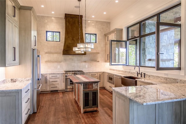 369 Firesong Ln, Glenville, NC 28736 - kitchen featuring high quality appliances, a sink, dark wood-type flooring, light stone counters, and recessed lighting