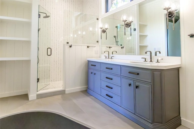 369 Firesong Ln, Glenville, NC 28736 - bathroom featuring a shower stall, double vanity, and built in features