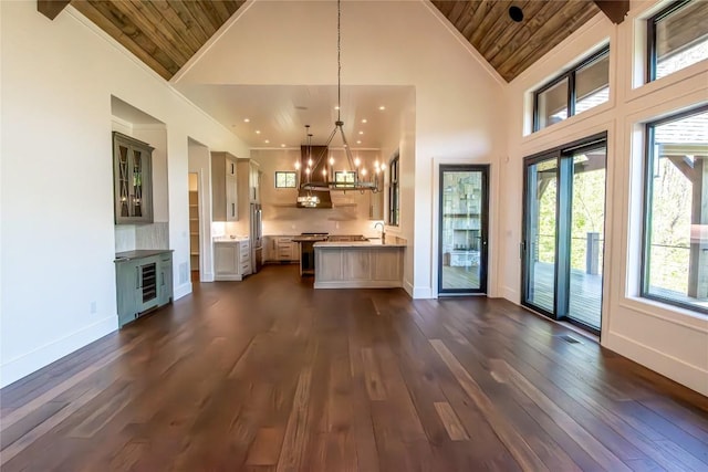 369 Firesong Ln, Glenville, NC 28736 - unfurnished living room featuring wooden ceiling, dark wood finished floors, baseboards, high vaulted ceiling, and a chandelier