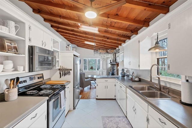 kitchen featuring open shelves, stainless steel appliances, white cabinetry, a sink, and wooden ceiling