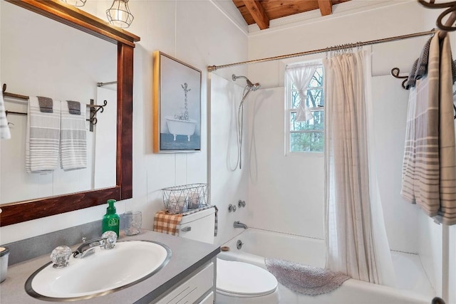 full bath featuring shower / bath combination with curtain, toilet, wood ceiling, vanity, and beamed ceiling