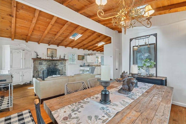 dining space featuring lofted ceiling with beams, a chandelier, wooden ceiling, light wood-style flooring, and a fireplace