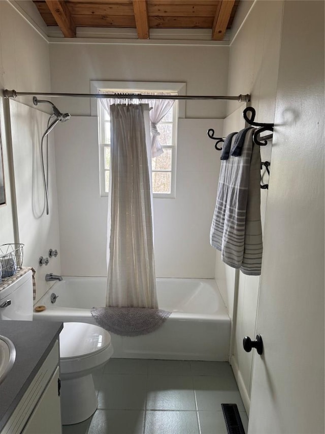 full bathroom featuring beamed ceiling, tile patterned flooring, vanity, wood ceiling, and shower / bath combo with shower curtain