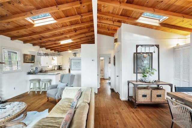 living room featuring wooden ceiling, lofted ceiling with skylight, baseboards, and hardwood / wood-style floors